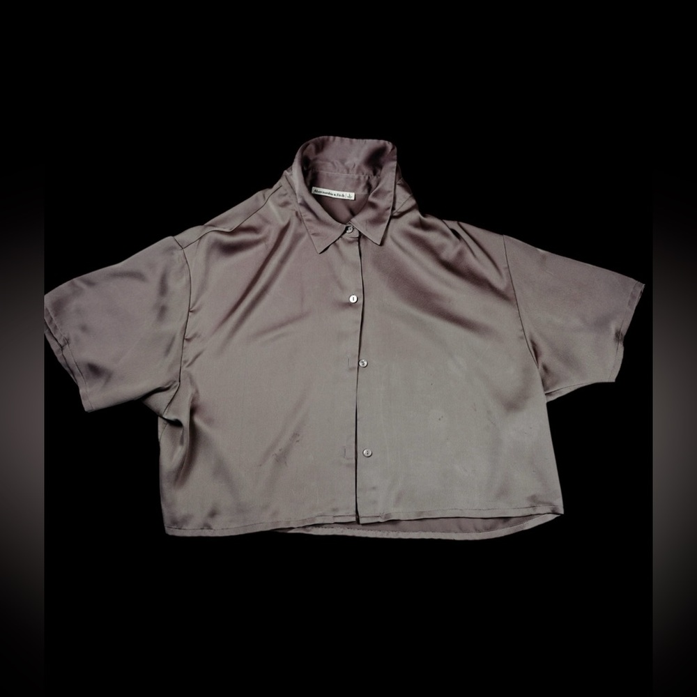 Abercrombie & Fitch Womens Gray Satin Button-Down Blouse Short Sleeve Size L - Picture 7 of 15